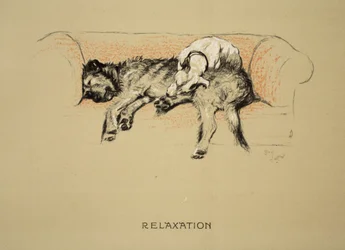 Relaxamento, 1930, 1ª Edição de &39;Sleeping Partners&39;, Aldin, Cecil Charles Windsor (1870-1935), publicado por Eyre e Spottiswoode Limited, Giz e Carvão no papel